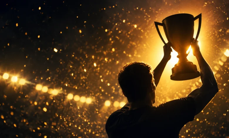 Ilustracyjna grafika piłkarska przedstawiająca neutralną sylwetkę trofeum w cieniu, bez oficjalnych znaków i logotypów.