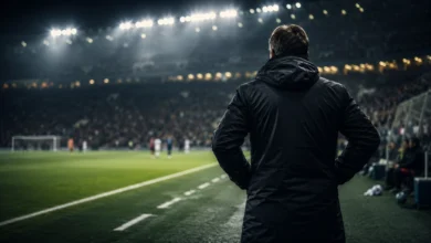 Ilustracyjna grafika piłkarska przedstawiająca trenera od tyłu przy linii bocznej, z napięciem i światłami stadionu w tle.