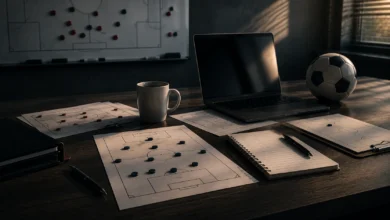 Ilustracyjna grafika piłkarska przedstawiająca biurko trenera z notatkami i układem składu przed ważnym meczem.