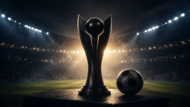 Ilustracyjna grafika piłkarska przedstawiająca neutralną sylwetkę trofeum w cieniu, bez oficjalnych znaków i marek.