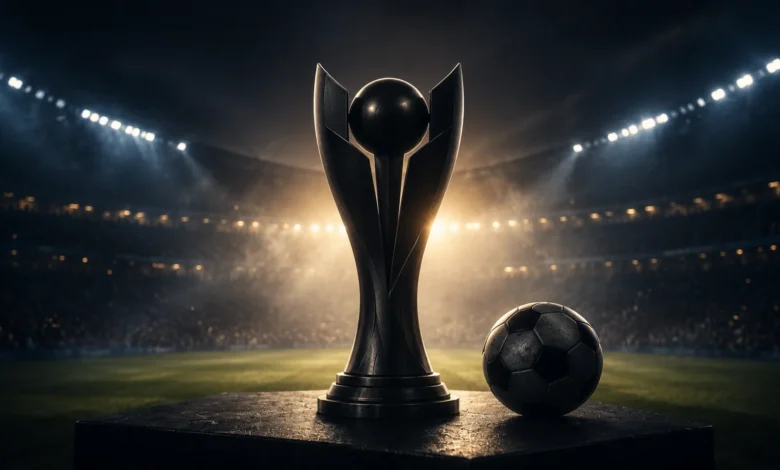 Ilustracyjna grafika piłkarska przedstawiająca neutralną sylwetkę trofeum w cieniu, bez oficjalnych znaków i marek.