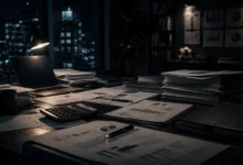 Ilustracyjna grafika piłkarska przedstawiająca nocne biuro i dokumenty symbolizujące finansową presję w klubie.