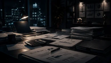 Ilustracyjna grafika piłkarska przedstawiająca nocne biuro i dokumenty symbolizujące finansową presję w klubie.