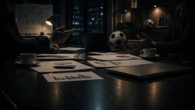 Ilustracyjna grafika piłkarska przedstawiająca zakulisowe rozmowy o umowie sponsorskiej, bez widocznych marek i logotypów.