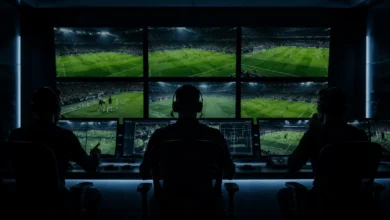 Ilustracyjna grafika piłkarska przedstawiająca abstrakcyjny pokój wideo z monitorami i sylwetkami arbitrów analizujących sporną sytuację.