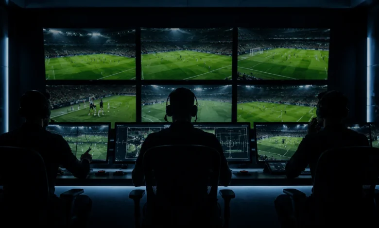 Ilustracyjna grafika piłkarska przedstawiająca abstrakcyjny pokój wideo z monitorami i sylwetkami arbitrów analizujących sporną sytuację.