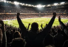 Ilustracyjna grafika piłkarska przedstawiająca reakcję tłumu na stadionie pod światłami, bez napisów i rozpoznawalnych znaków.