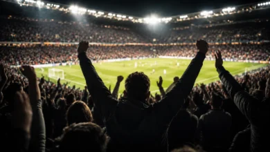 Ilustracyjna grafika piłkarska przedstawiająca reakcję tłumu na stadionie pod światłami, bez napisów i rozpoznawalnych znaków.