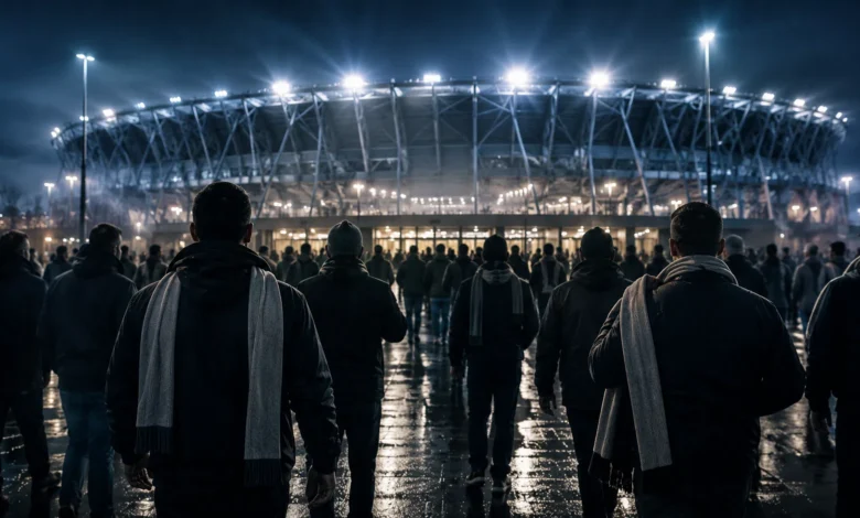 Ilustracyjna grafika piłkarska przedstawiająca kibiców przed stadionem w neutralnej scenie meczowej bez klubowych symboli.