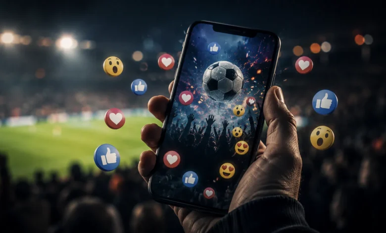 Ilustracyjna grafika piłkarska przedstawiająca telefon z reakcjami kibiców w tle, bez czytelnych nazw i znaków platform.