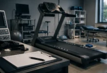 Ilustracyjna grafika piłkarska przedstawiająca neutralną klinikę sportową przygotowaną do testów sprawności piłkarza.