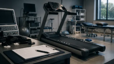 Ilustracyjna grafika piłkarska przedstawiająca neutralną klinikę sportową przygotowaną do testów sprawności piłkarza.