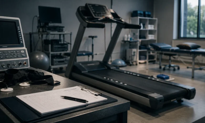 Ilustracyjna grafika piłkarska przedstawiająca neutralną klinikę sportową przygotowaną do testów sprawności piłkarza.