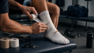 Ilustracyjna grafika piłkarska przedstawiająca detal taśmy na kostce i przygotowań medycznych po urazie.