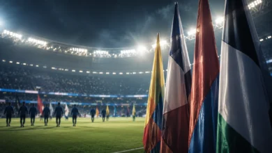Ilustracyjna grafika piłkarska przedstawiająca neutralny stadion reprezentacyjny, abstrakcyjne barwy i flagi bez emblematów.