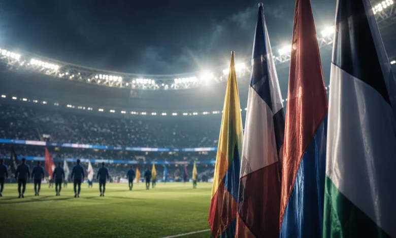 Ilustracyjna grafika piłkarska przedstawiająca neutralny stadion reprezentacyjny, abstrakcyjne barwy i flagi bez emblematów.