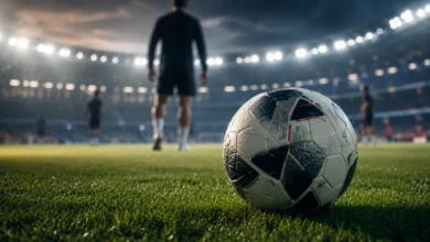 Ilustracyjna grafika piłkarska przedstawiająca generyczna piłka turniejowa i neutralne światła stadionowe, bez oficjalnego wzoru.