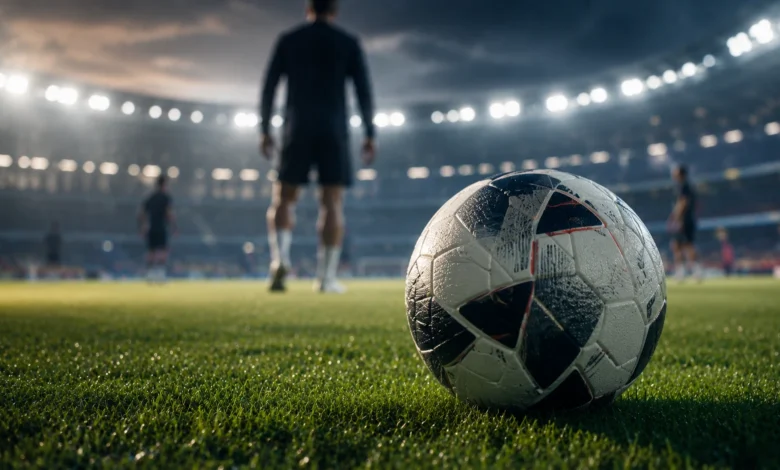 Ilustracyjna grafika piłkarska przedstawiająca generyczna piłka turniejowa i neutralne światła stadionowe, bez oficjalnego wzoru.