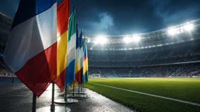 Ilustracyjna grafika piłkarska przedstawiająca neutralny stadion reprezentacyjny, abstrakcyjne barwy i flagi bez emblematów.