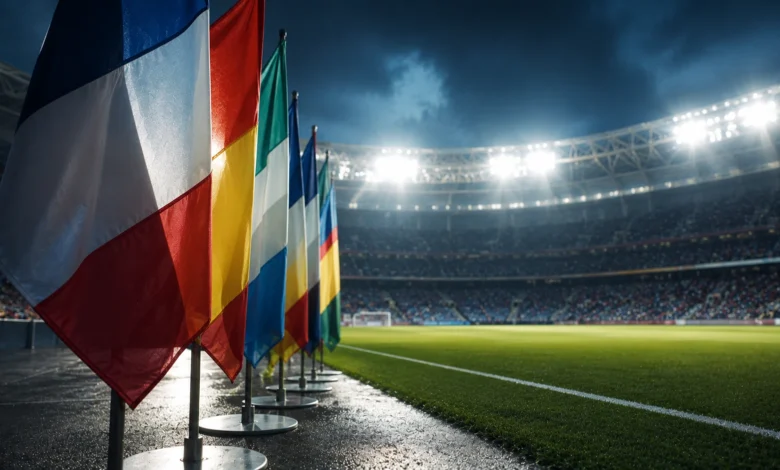 Ilustracyjna grafika piłkarska przedstawiająca neutralny stadion reprezentacyjny, abstrakcyjne barwy i flagi bez emblematów.