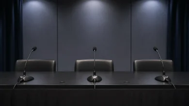 Ilustracyjna grafika piłkarska przedstawiająca pusty stół z mikrofonami przed konferencją prasową, bez logotypów i napisów.
