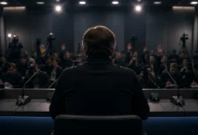 Ilustracyjna grafika piłkarska przedstawiająca trenera od tyłu przy podium konferencyjnym, bez twarzy i oznaczeń klubowych.