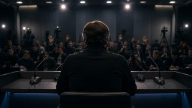 Ilustracyjna grafika piłkarska przedstawiająca trenera od tyłu przy podium konferencyjnym, bez twarzy i oznaczeń klubowych.
