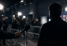 Ilustracyjna grafika piłkarska przedstawiająca światła strefy mieszanej po meczu, z atmosferą krótkich rozmów z mediami.