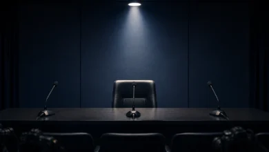 Ilustracyjna grafika piłkarska przedstawiająca puste krzesło w sali prasowej oświetlone reflektorem przed konferencją.