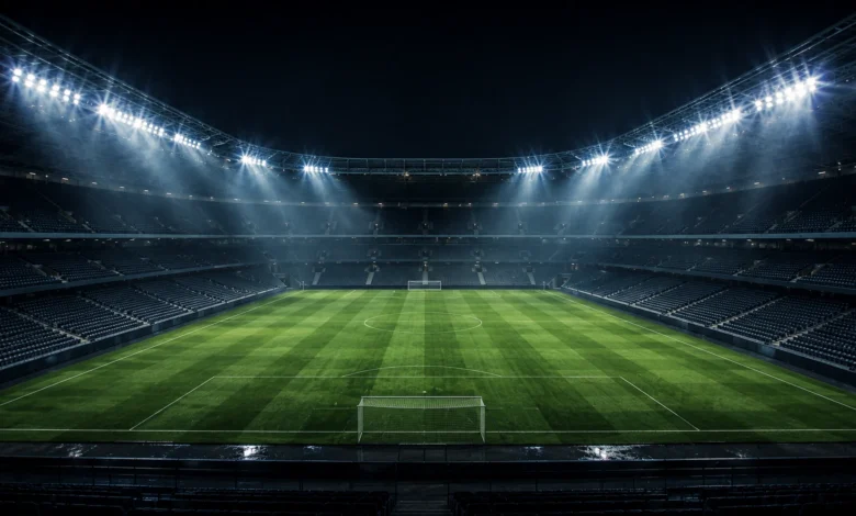 Ilustracyjna grafika piłkarska przedstawiająca pustą murawę oświetloną stadionowymi reflektorami w neutralnej scenie.