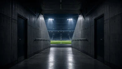 Ilustracyjna grafika piłkarska przedstawiająca pusty tunel prowadzący na murawę jako neutralny motyw stadionowy.