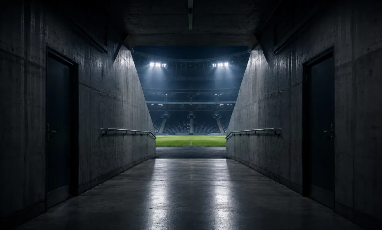 Ilustracyjna grafika piłkarska przedstawiająca pusty tunel prowadzący na murawę jako neutralny motyw stadionowy.