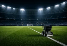 Ilustracyjna grafika piłkarska przedstawiająca neutralne prace przy murawie stadionu bez widocznych znaków klubowych.