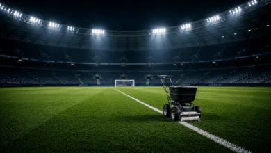 Ilustracyjna grafika piłkarska przedstawiająca neutralne prace przy murawie stadionu bez widocznych znaków klubowych.