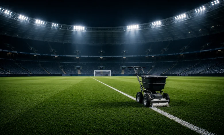 Ilustracyjna grafika piłkarska przedstawiająca neutralne prace przy murawie stadionu bez widocznych znaków klubowych.