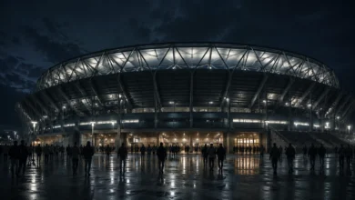 Ilustracyjna grafika piłkarska przedstawiająca zewnętrzny widok stadionu nocą, bez oficjalnych znaków, reklam i logotypów.