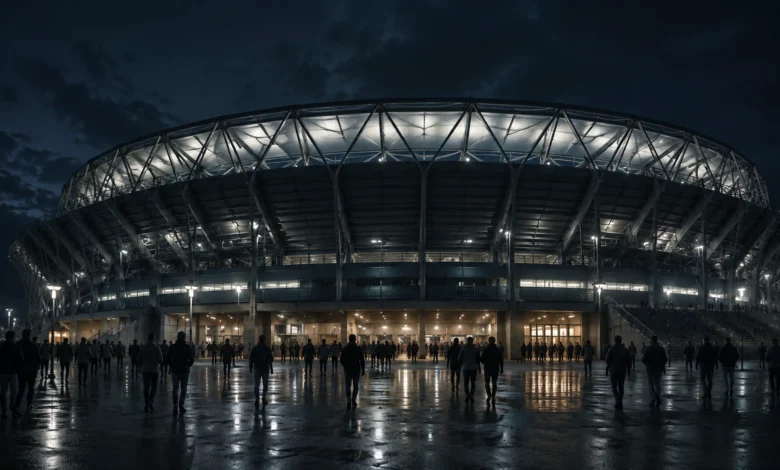 Ilustracyjna grafika piłkarska przedstawiająca zewnętrzny widok stadionu nocą, bez oficjalnych znaków, reklam i logotypów.