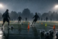 Ilustracyjna grafika piłkarska przedstawiająca trening piłkarski w deszczu, z mokrą murawą i anonimowymi zawodnikami.