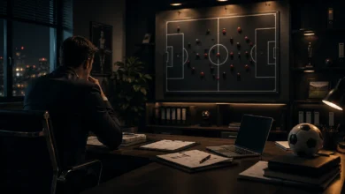 Ilustracyjna grafika piłkarska przedstawiająca gabinet dyrektora sportowego, tablica składu bez nazw, dokumenty i piłkarskie detale.