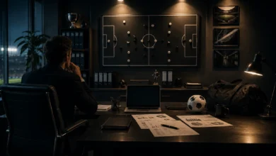 Ilustracyjna grafika piłkarska przedstawiająca gabinet dyrektora sportowego, tablica składu bez nazw, dokumenty i piłkarskie detale.