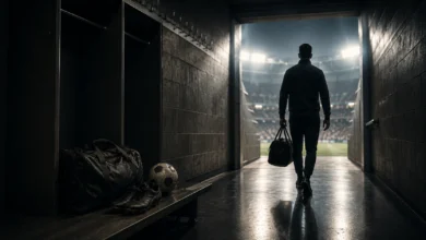 Ilustracyjna grafika piłkarska przedstawiająca tunel stadionowy, anonimowa sylwetka odchodząca w stronę światła, bez identyfikacji klubu.