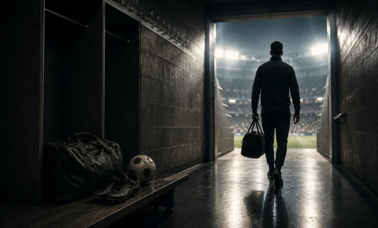 Ilustracyjna grafika piłkarska przedstawiająca tunel stadionowy, anonimowa sylwetka odchodząca w stronę światła, bez identyfikacji klubu.
