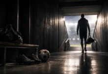 Ilustracyjna grafika piłkarska przedstawiająca tunel stadionowy, anonimowa sylwetka odchodząca w stronę światła, bez identyfikacji klubu.