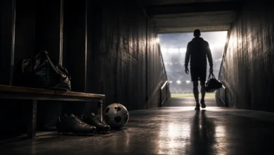 Ilustracyjna grafika piłkarska przedstawiająca tunel stadionowy, anonimowa sylwetka odchodząca w stronę światła, bez identyfikacji klubu.