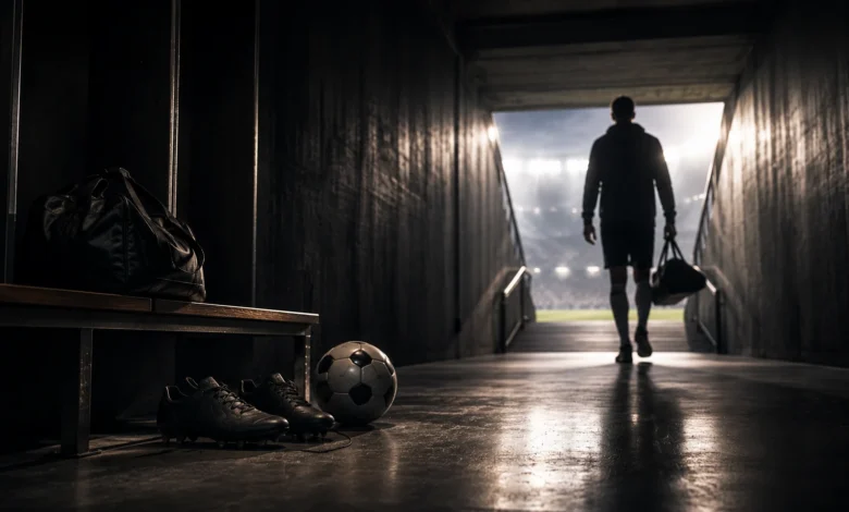Ilustracyjna grafika piłkarska przedstawiająca tunel stadionowy, anonimowa sylwetka odchodząca w stronę światła, bez identyfikacji klubu.