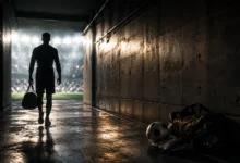 Ilustracyjna grafika piłkarska przedstawiająca tunel stadionowy, anonimowa sylwetka odchodząca w stronę światła, bez identyfikacji klubu.