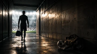 Ilustracyjna grafika piłkarska przedstawiająca tunel stadionowy, anonimowa sylwetka odchodząca w stronę światła, bez identyfikacji klubu.