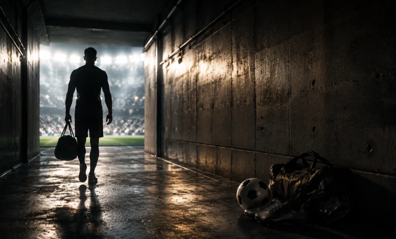 Ilustracyjna grafika piłkarska przedstawiająca tunel stadionowy, anonimowa sylwetka odchodząca w stronę światła, bez identyfikacji klubu.