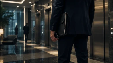Ilustracyjna grafika piłkarska przedstawiająca anonimowa postać z teczką w windzie lub lobby biurowca, transferowa atmosfera.