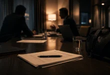 Ilustracyjna grafika piłkarska przedstawiająca mała sala konferencyjna hotelu, dokumenty, laptop i dwie anonimowe postacie.